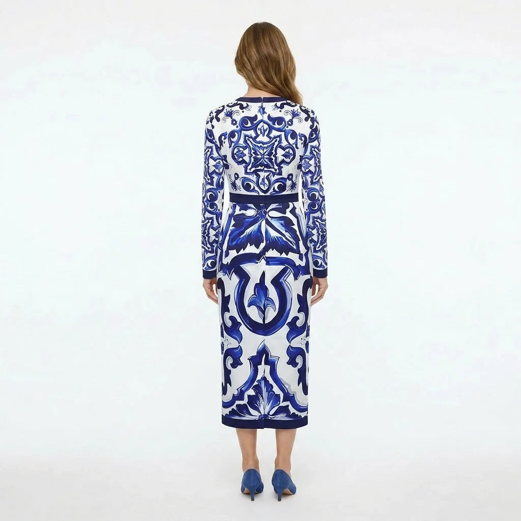 Blue Majolica Porcelain print long sleeve silk midi dress