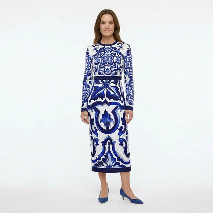 Blue Majolica Porcelain print long sleeve silk midi dress