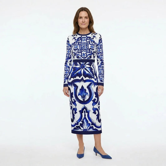 Blue Majolica Porcelain print long sleeve silk midi dress
