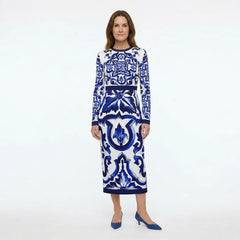 Blue Majolica Porcelain print long sleeve silk midi dress