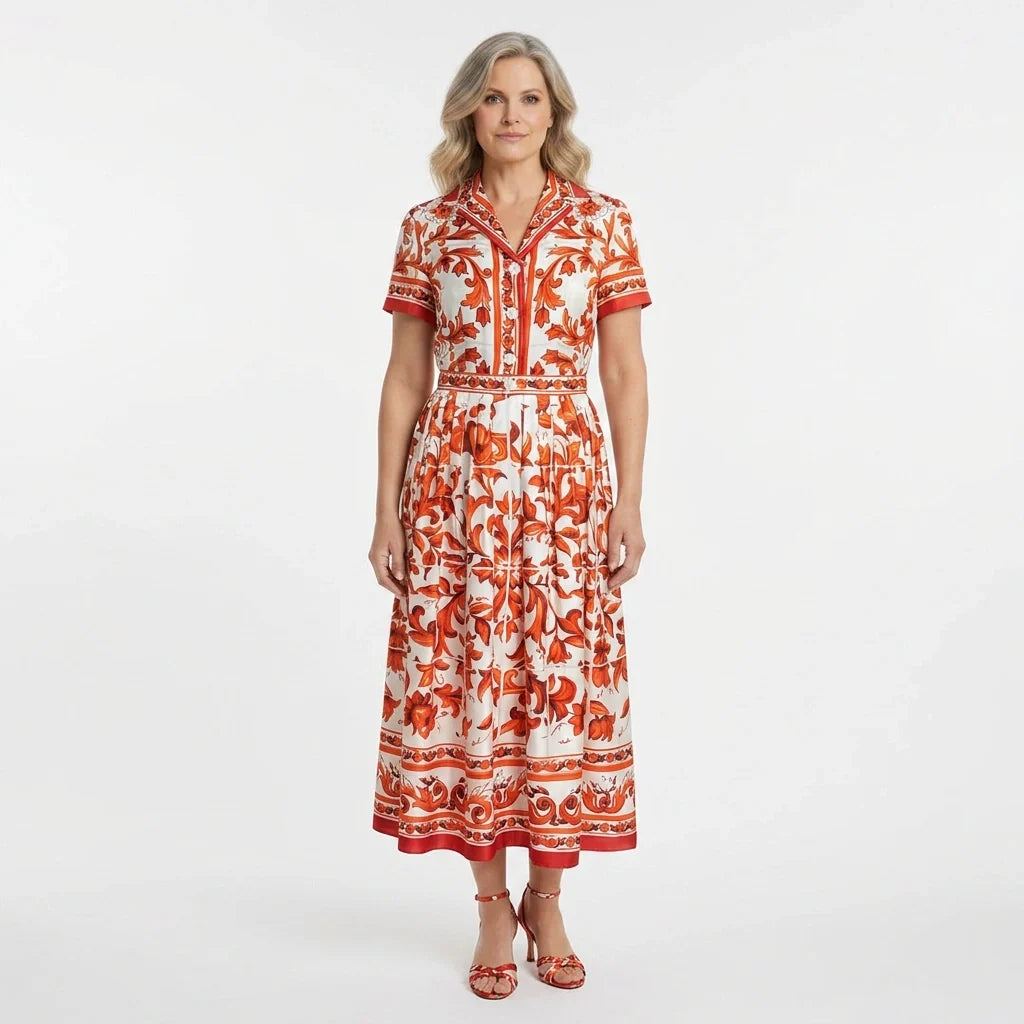 Orange Majolica Silk Midi Dress with Detachable Belt and Pockets