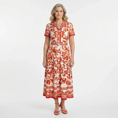 Orange Majolica Silk Midi Dress with Detachable Belt and Pockets