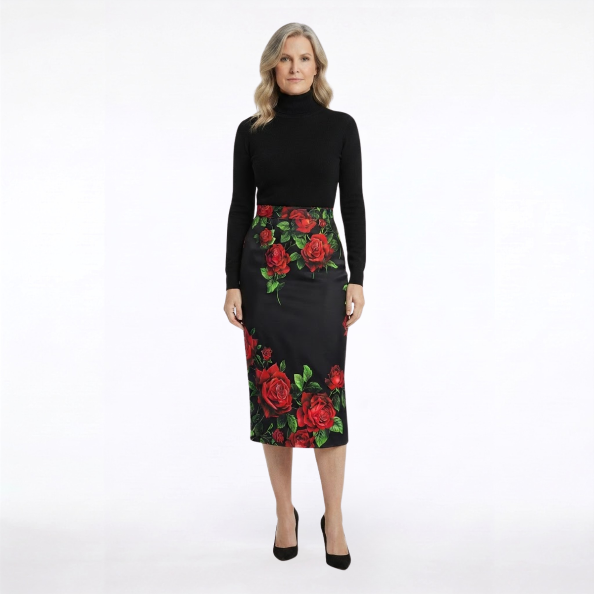 Red Roses Silk Midi Skirt