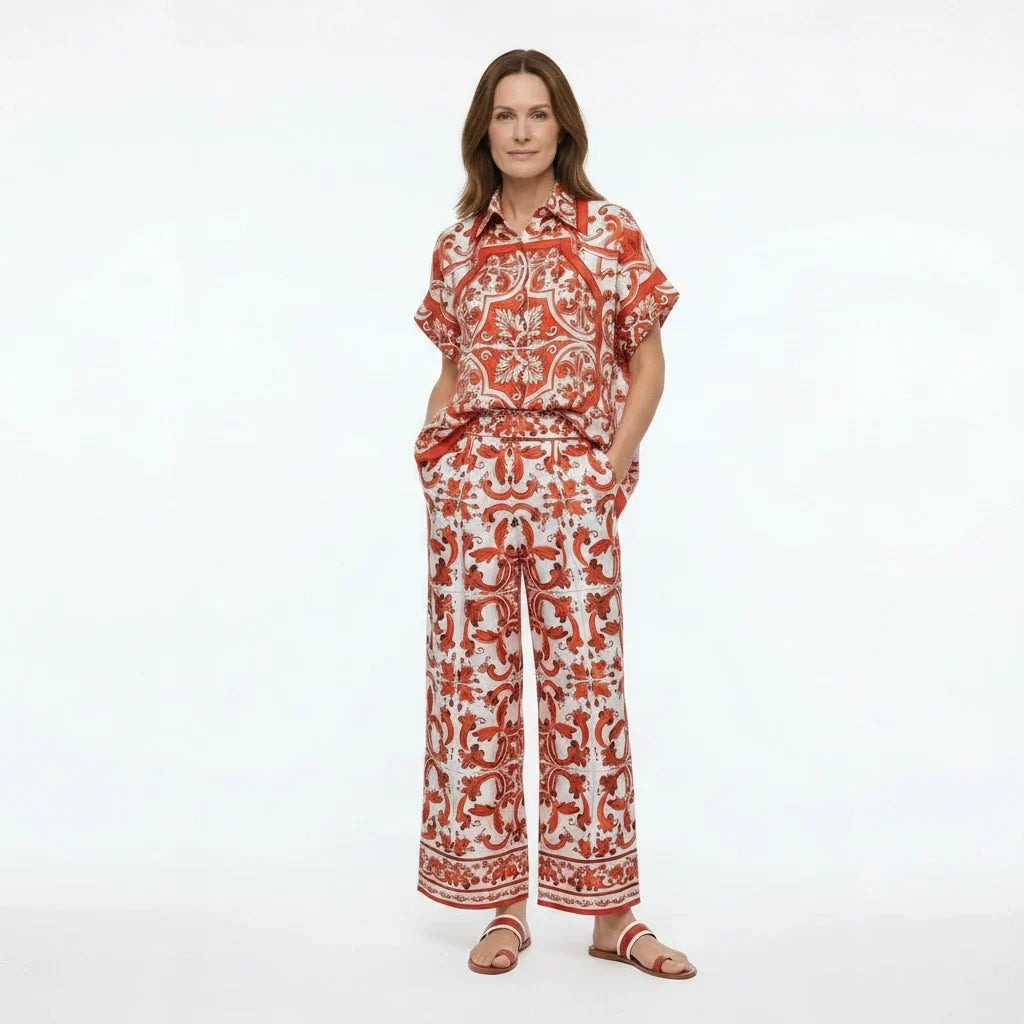 Orange Majolica Silk Wide-Leg Pants with Elastic Waist
