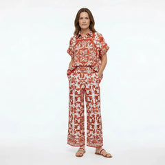 Orange Majolica Silk Wide-Leg Pants with Elastic Waist