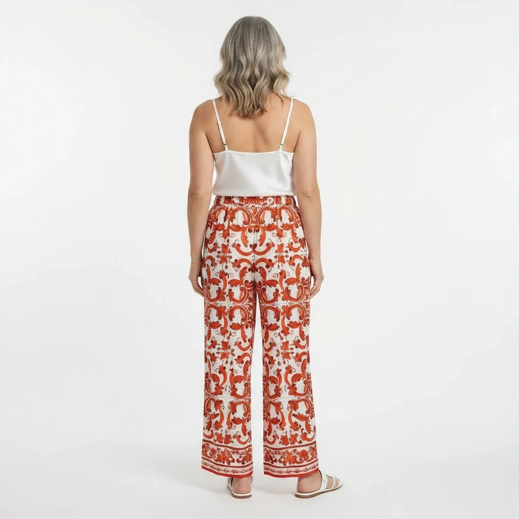 Orange Majolica Silk Wide-Leg Pants with Elastic Waist