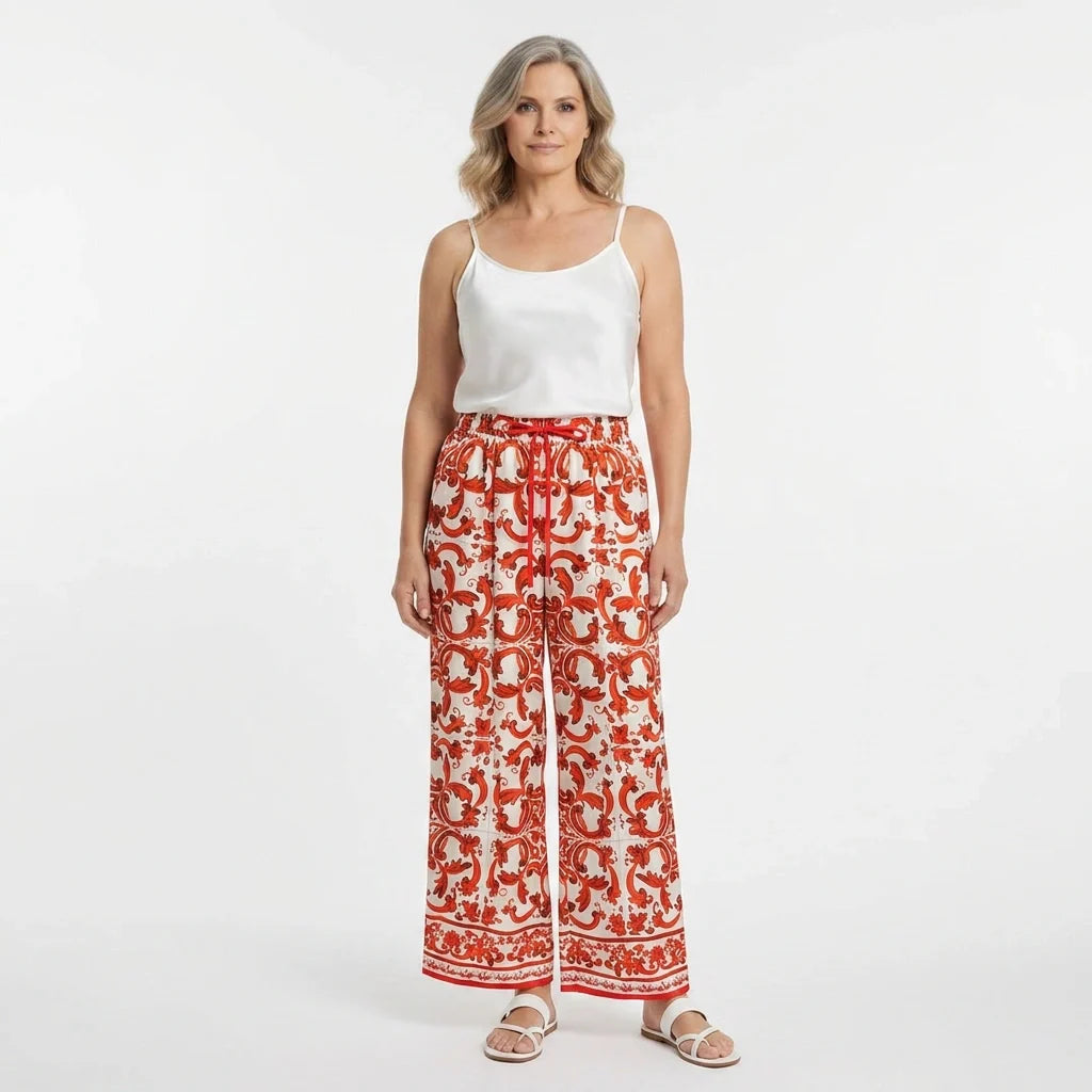 Orange Majolica Silk Wide-Leg Pants with Elastic Waist
