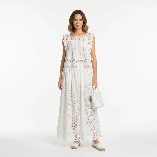 White Broderie Cotton Sleeveless Top and Skirt Set