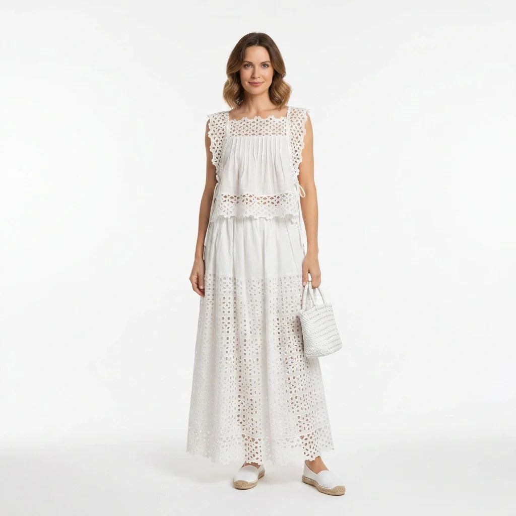 White Broderie Cotton Sleeveless Top and Skirt Set