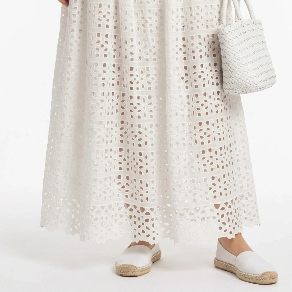 White Broderie Cotton Sleeveless Top and Skirt Set