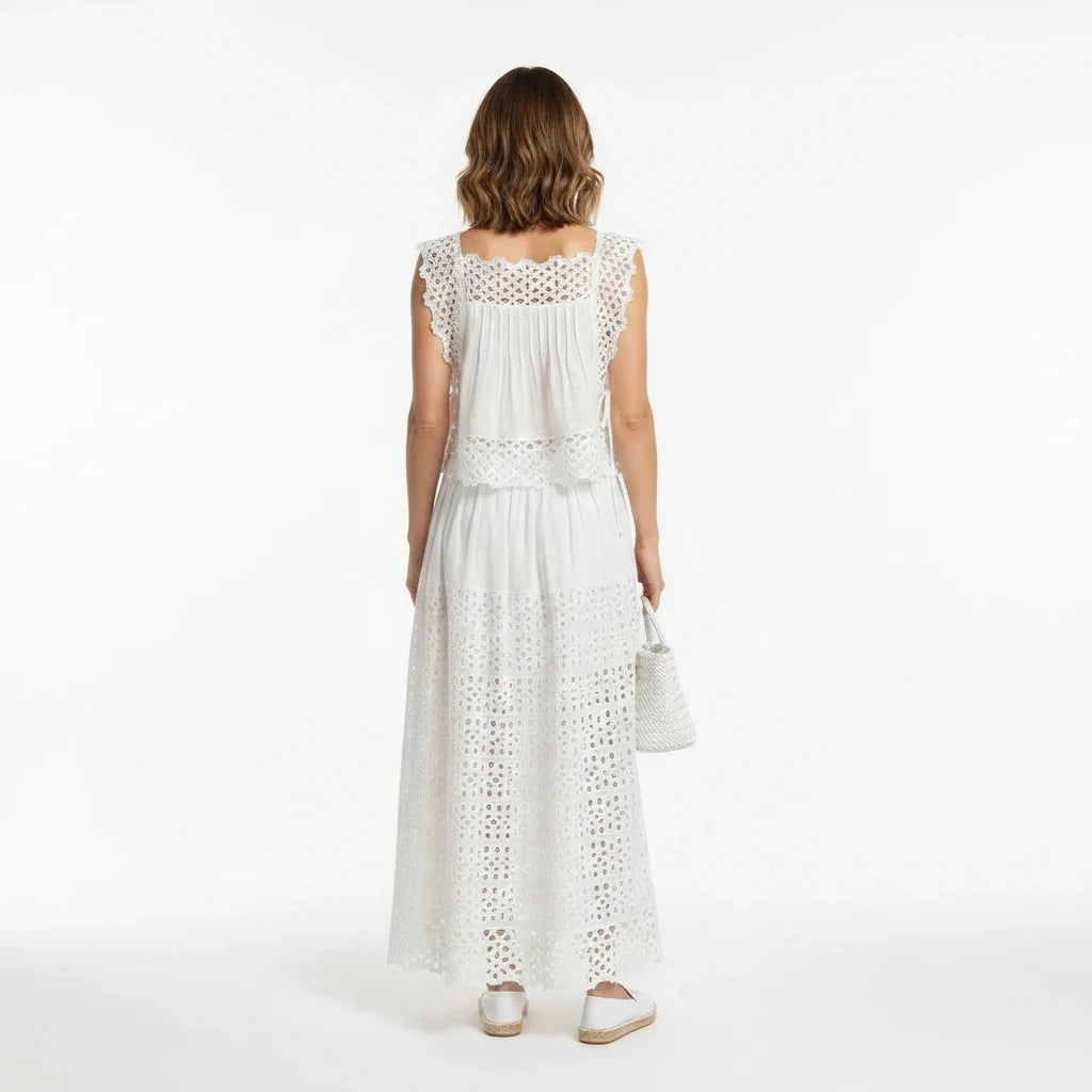 White Broderie Cotton Sleeveless Top and Skirt Set