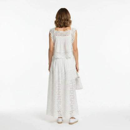 White Broderie Cotton Sleeveless Top and Skirt Set