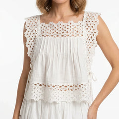 White Broderie Cotton Sleeveless Top and Skirt Set