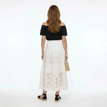White Broderie Cotton Midi Skirt with Elastic Waist