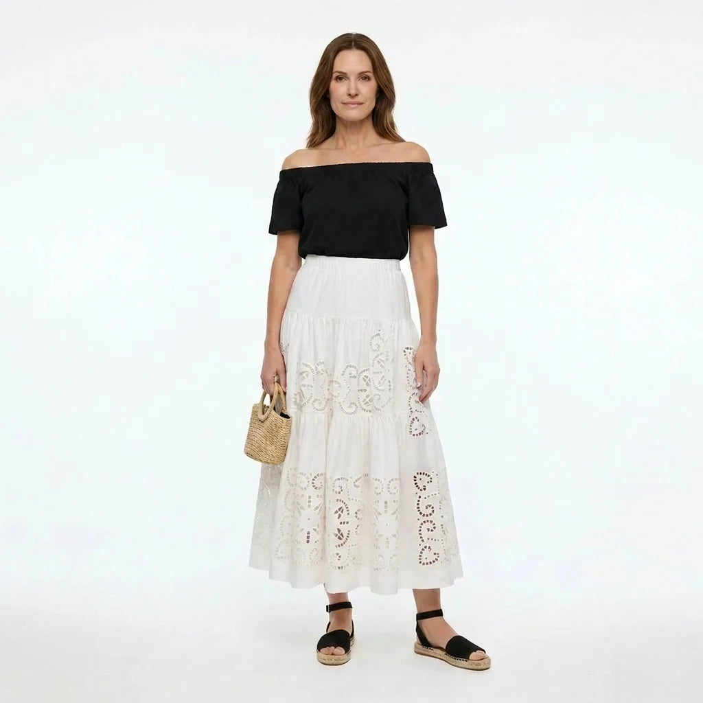 White Broderie Cotton Midi Skirt with Elastic Waist