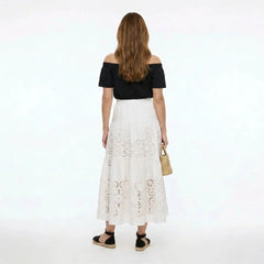 White Broderie Cotton Midi Skirt with Elastic Waist