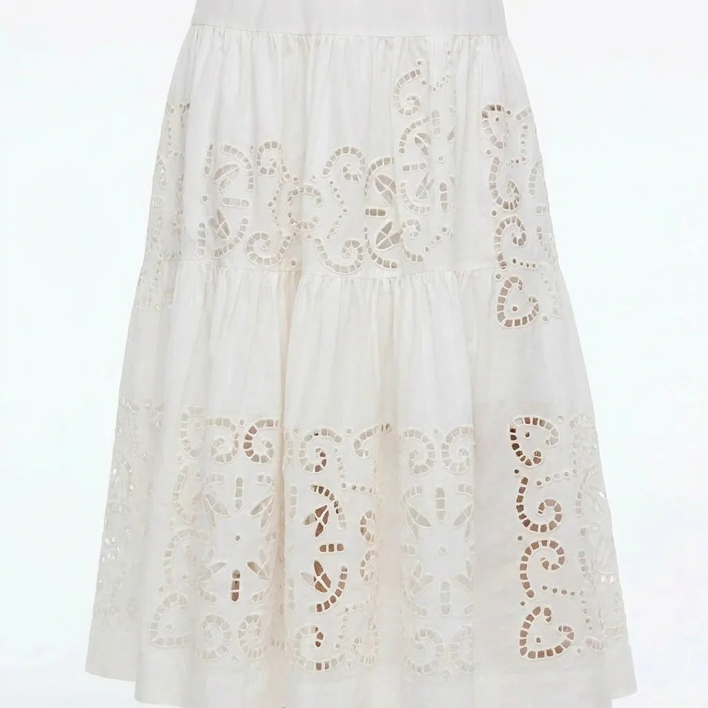 White Broderie Cotton Midi Skirt with Elastic Waist