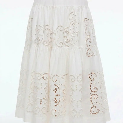 White Broderie Cotton Midi Skirt with Elastic Waist