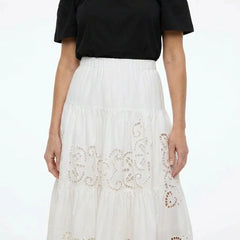 White Broderie Cotton Midi Skirt with Elastic Waist