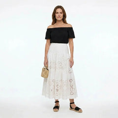 White Broderie Cotton Midi Skirt with Elastic Waist