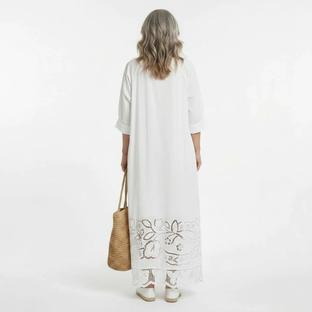 White Broderie Cotton Maxi Dress with Tassel Ties