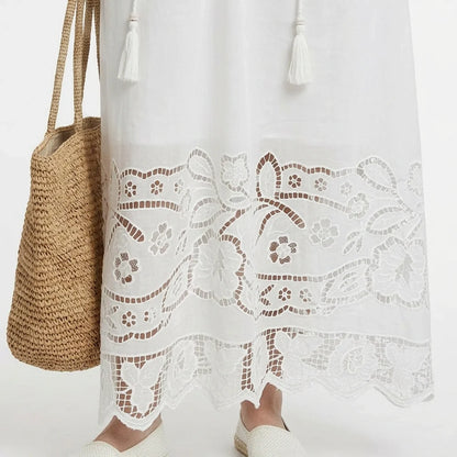 White Broderie Cotton Maxi Dress with Tassel Ties