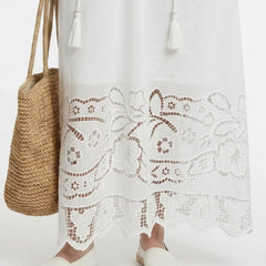 White Broderie Cotton Maxi Dress with Tassel Ties