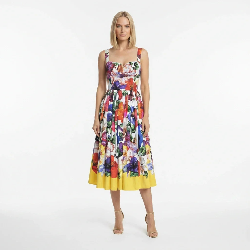 White Floral Cotton Midi Dress with Padded Cups