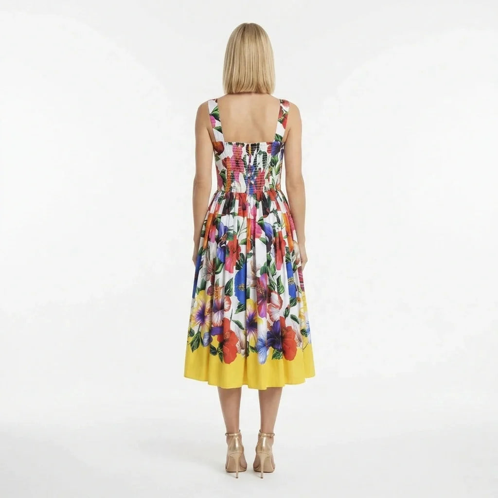 White Floral Cotton Midi Dress with Padded Cups