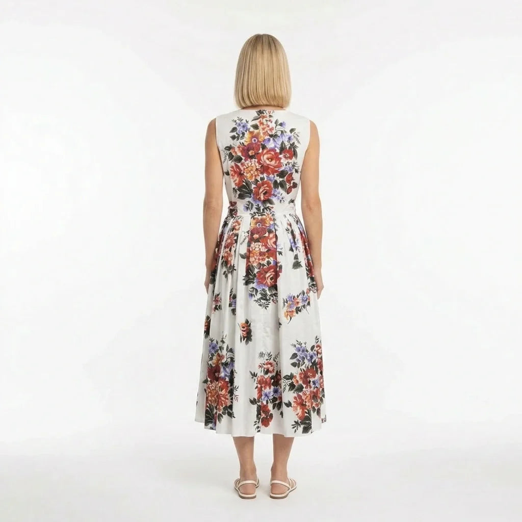 Floralia Italiana White Cotton Midi Dress with Tie Belt