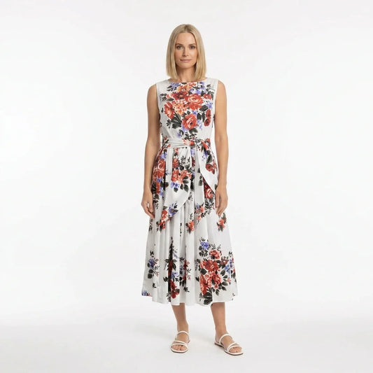 Floralia Italiana White Cotton Midi Dress with Tie Belt