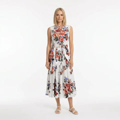 Floralia Italiana White Cotton Midi Dress with Tie Belt