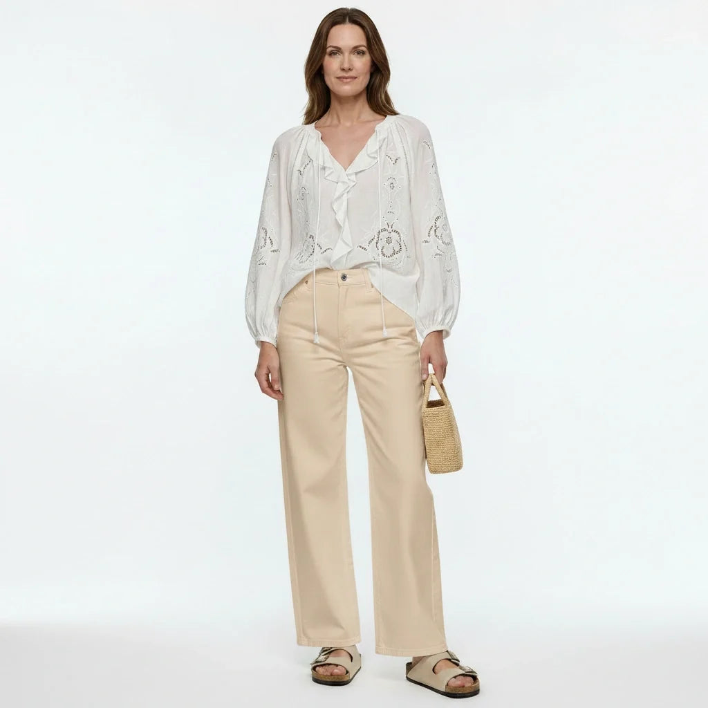 White Broderie Cotton Linen Blouse and Skirt Set