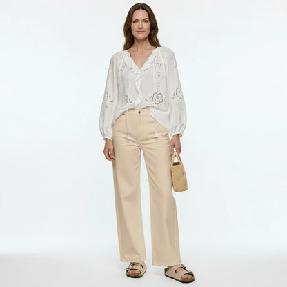 White Broderie Cotton Linen Blouse and Skirt Set