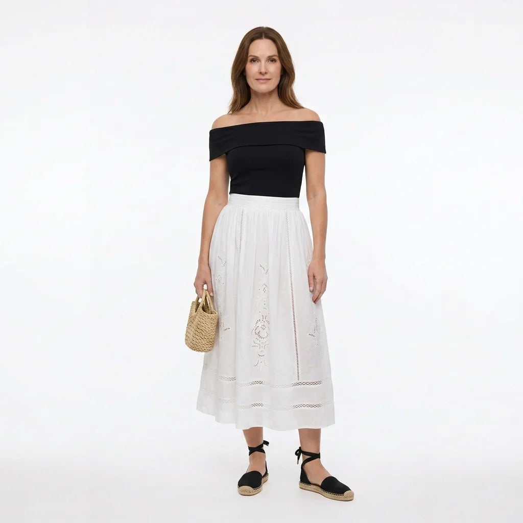 White Broderie Cotton Linen Blouse and Skirt Set
