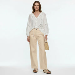 White Broderie Cotton Linen Blouse and Skirt Set