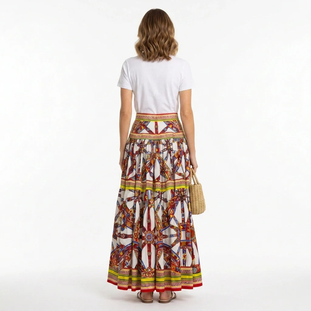 Sicilian Carretto Print White Maxi Cotton Skirt