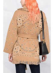 Wool Fringed Bandana Print Cardigan, Camel