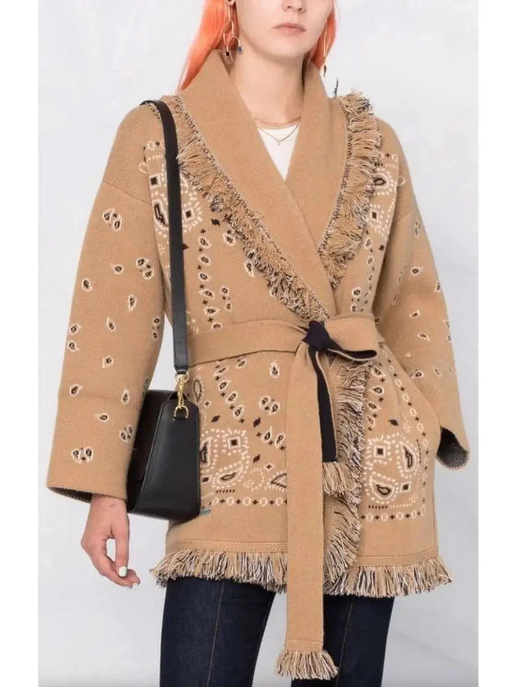 Wool Fringed Bandana Print Cardigan, Camel