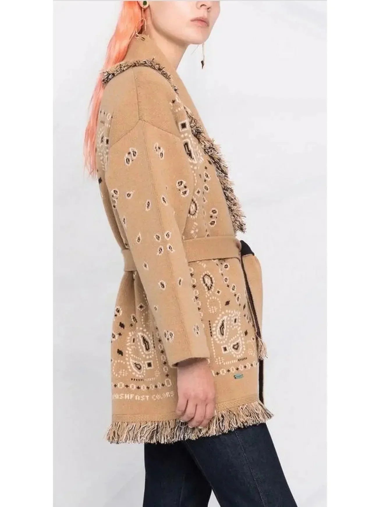 Wool Fringed Bandana Print Cardigan, Camel