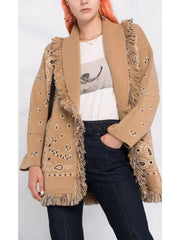 Wool Fringed Bandana Print Cardigan, Camel
