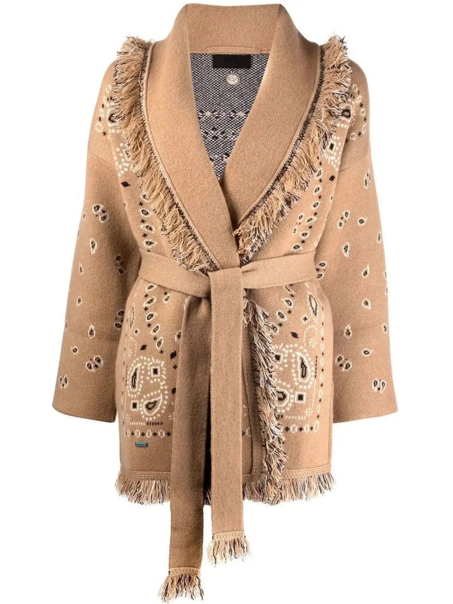 Wool Fringed Bandana Print Cardigan, Camel