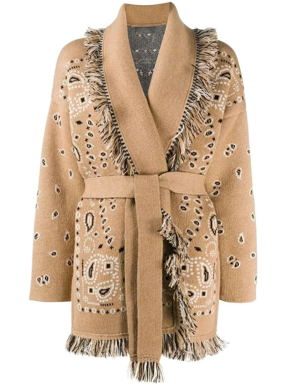 Wool Fringed Bandana Print Cardigan, Camel