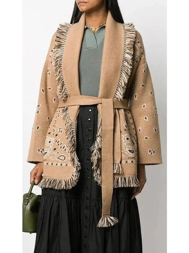 Wool Fringed Bandana Print Cardigan, Camel