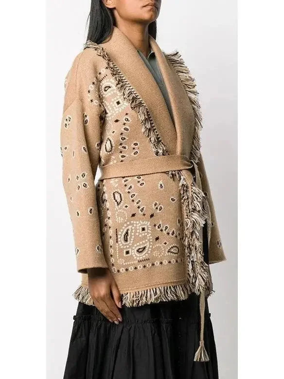 Wool Fringed Bandana Print Cardigan, Camel