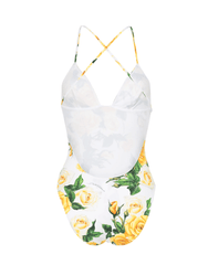 Yellow roses print one piece swimsuit