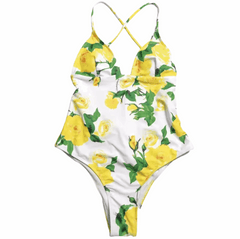 Yellow roses print one piece swimsuit