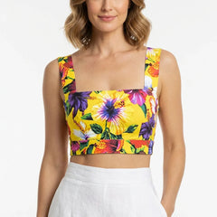 Multicolour Floral Yellow Cotton Crop Top