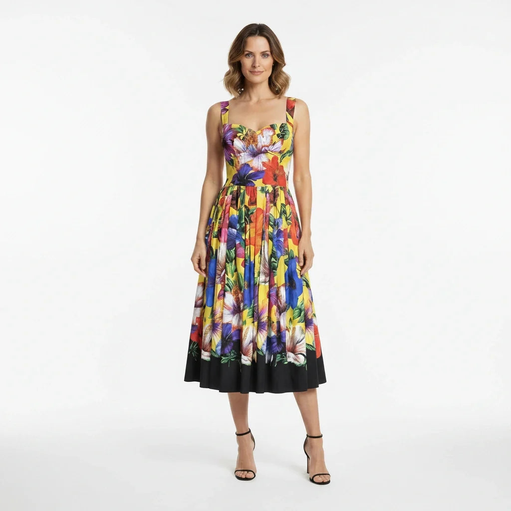 Yellow Floral Cotton Midi Dress with Padded Cups