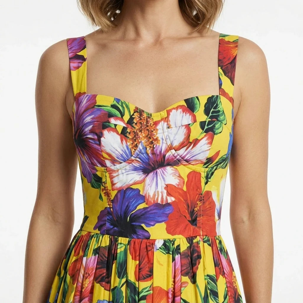 Yellow Floral Cotton Midi Dress with Padded Cups